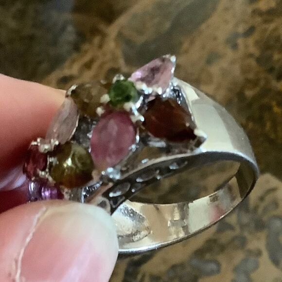 NWOT Sterling SILVER 925 MULTICOLOUR FLORAL COCKTAIL LARGE RING SIZE US 8.5 - Picture 7 of 9